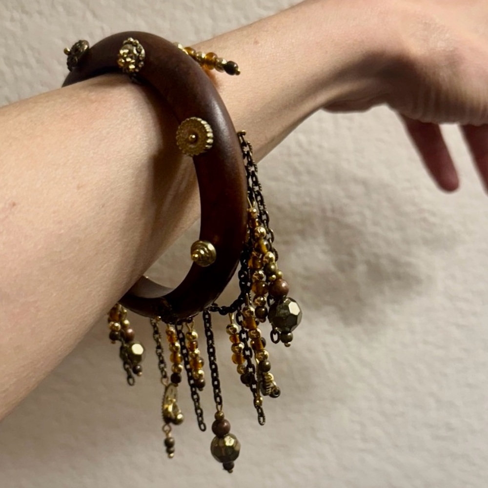 Wooden Bracelet with Gold Accents and Chains - Picture 3 of 13